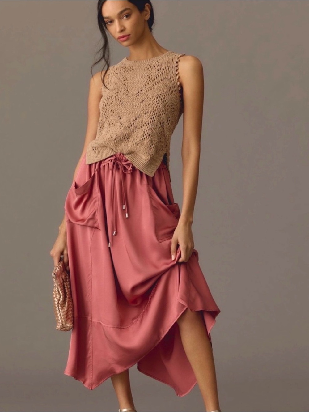 Anthropologie Rose Satin High-Low Drawstring Midi Skirt